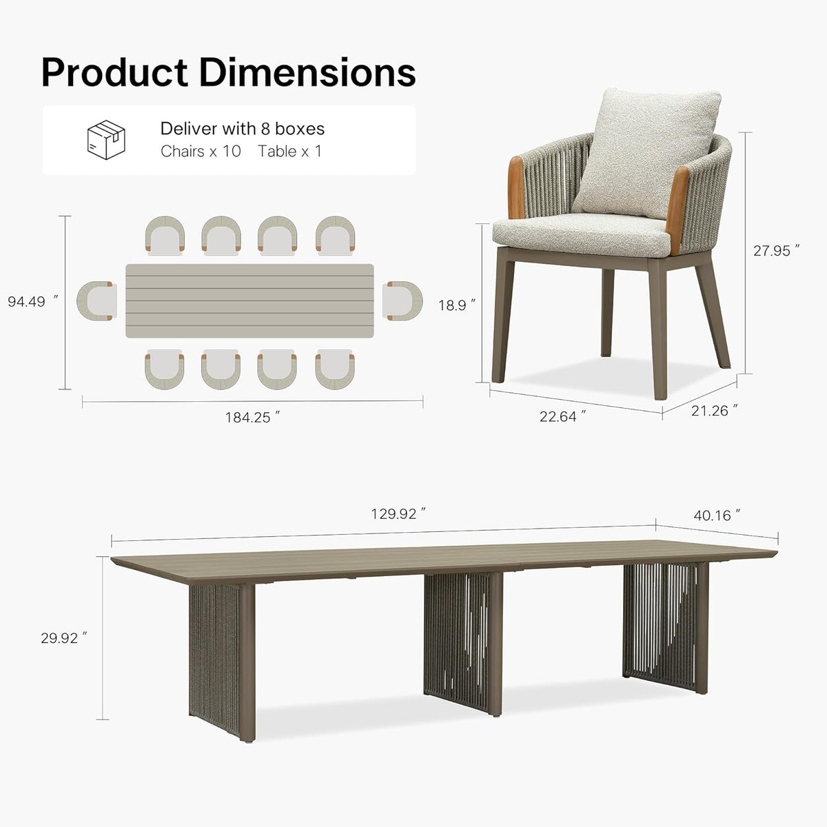 PURPLE LEAF Hailar – Ensemble repas extérieur familial avec table et chaises de terrasse en aluminium et coussins en oléfine