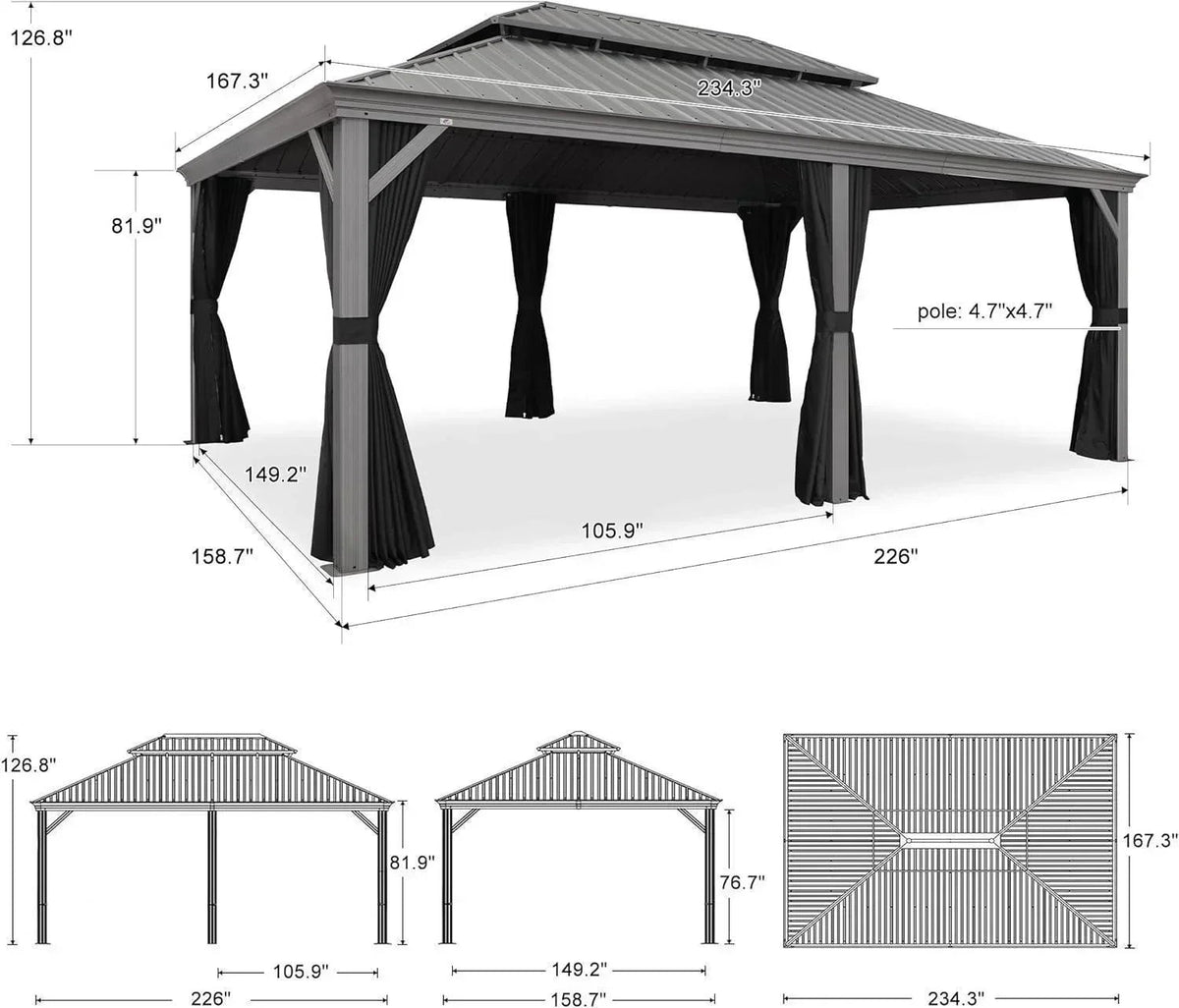 PURPLE LEAF – Pavillon de terrasse pour piscine, toit rigide gris clair en acier galvanisé avec rideaux améliorés