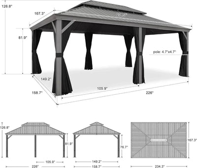 PURPLE LEAF – Pavillon de terrasse pour piscine, toit rigide gris clair en acier galvanisé avec rideaux améliorés