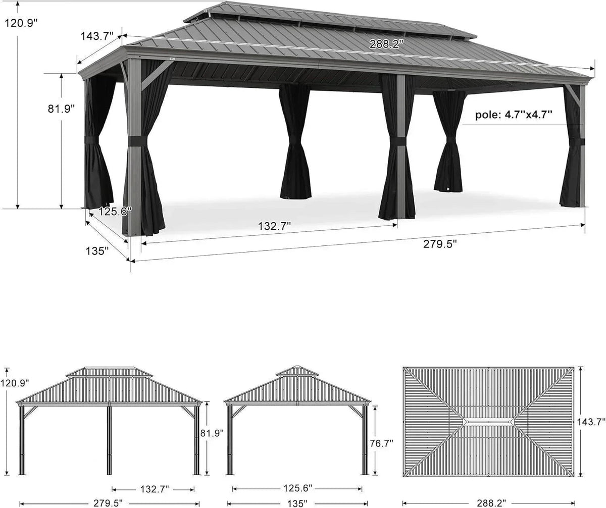 PURPLE LEAF – Pavillon de terrasse pour piscine, toit rigide gris clair en acier galvanisé avec rideaux améliorés