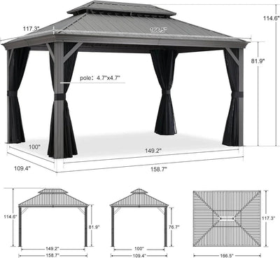 PURPLE LEAF – Pavillon de terrasse pour piscine, toit rigide gris clair en acier galvanisé avec rideaux améliorés