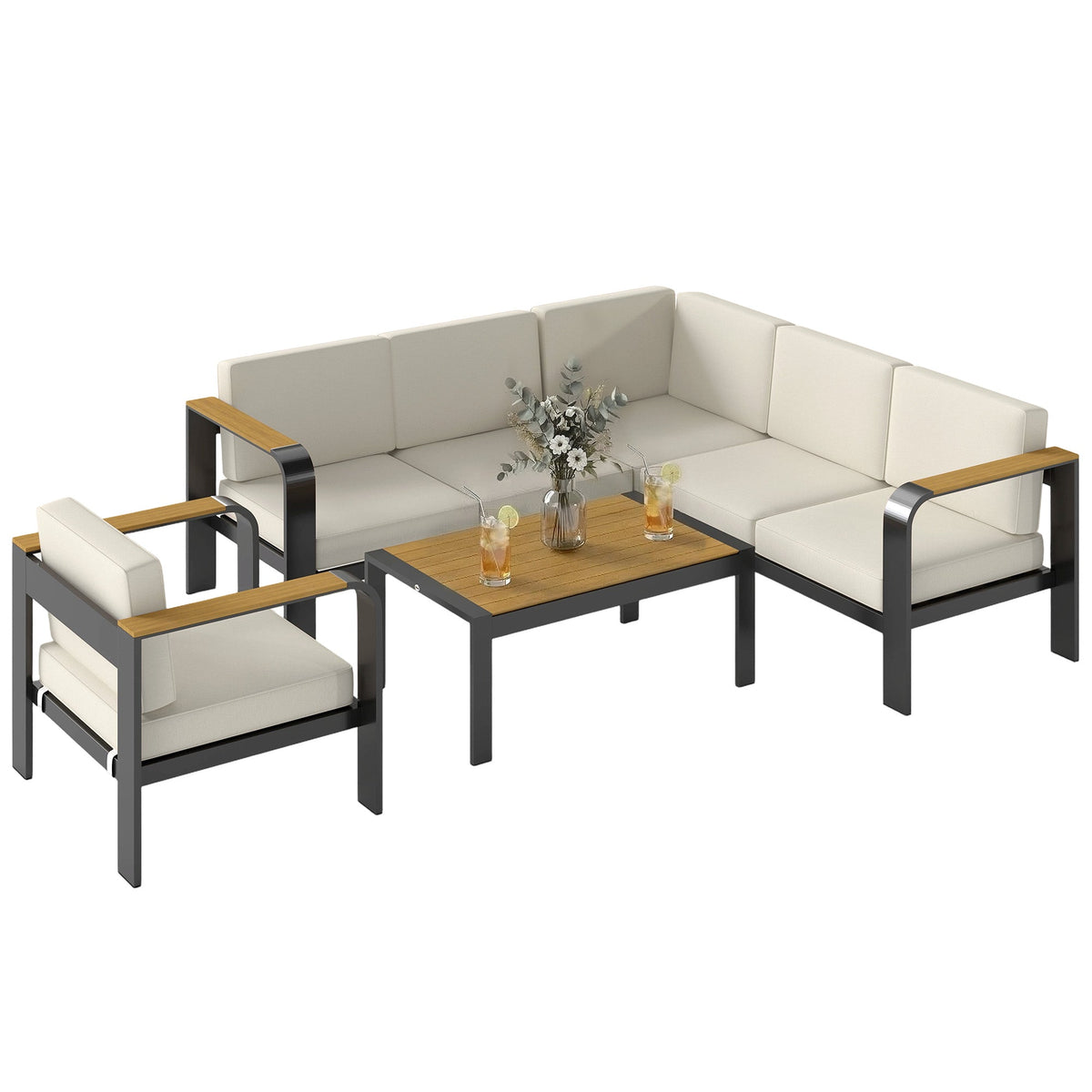 Ensemble canapé d’angle de jardin 3 pièces avec structure en aluminium et coussins en oléfine, beige