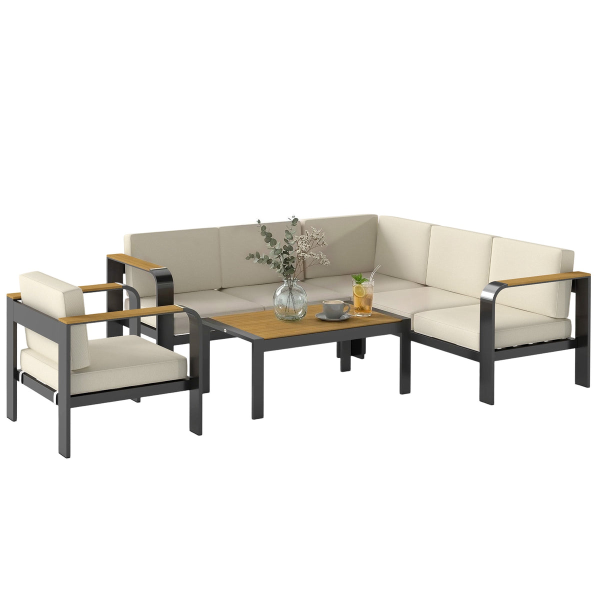 Ensemble canapé d’angle de jardin 3 pièces avec structure en aluminium et coussins en oléfine, beige