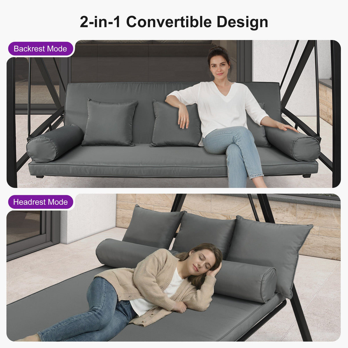 PURPLE LEAF – Balancelle de porche avec auvent inclinable réglable, support et structure en acier, toutes saisons et compacte