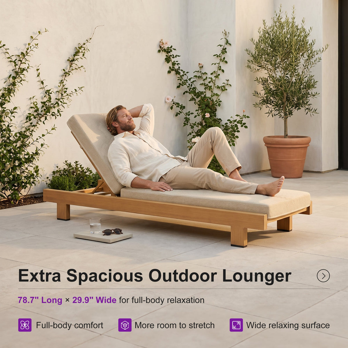 PURPLE LEAF – Lit de repos extérieur Standard avec coussin, tissu mélangé oléfine et structure en aluminium pour terrasse et piscine