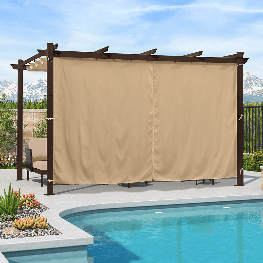 PURPLE LEAF – Pergola extérieure rétractable bronze en métal avec auvent, couverture d’ombrage et rideaux
