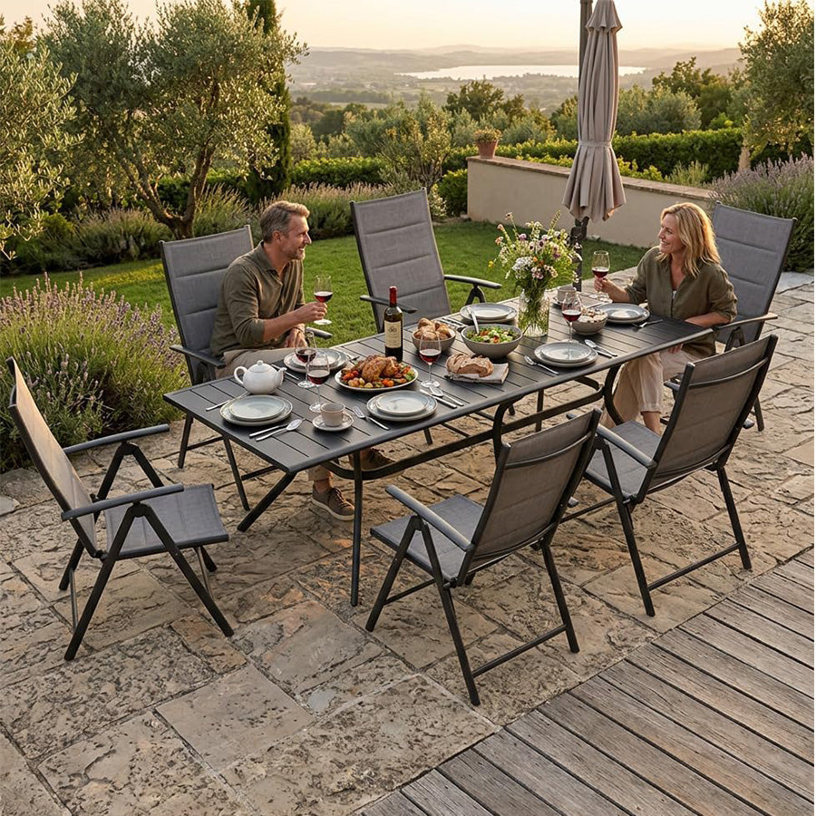 PURPLE LEAF – Ensemble repas extérieur pliant avec table en aluminium et chaises rembourrées toutes saisons pour jardin, arrière-cour et bord de piscine