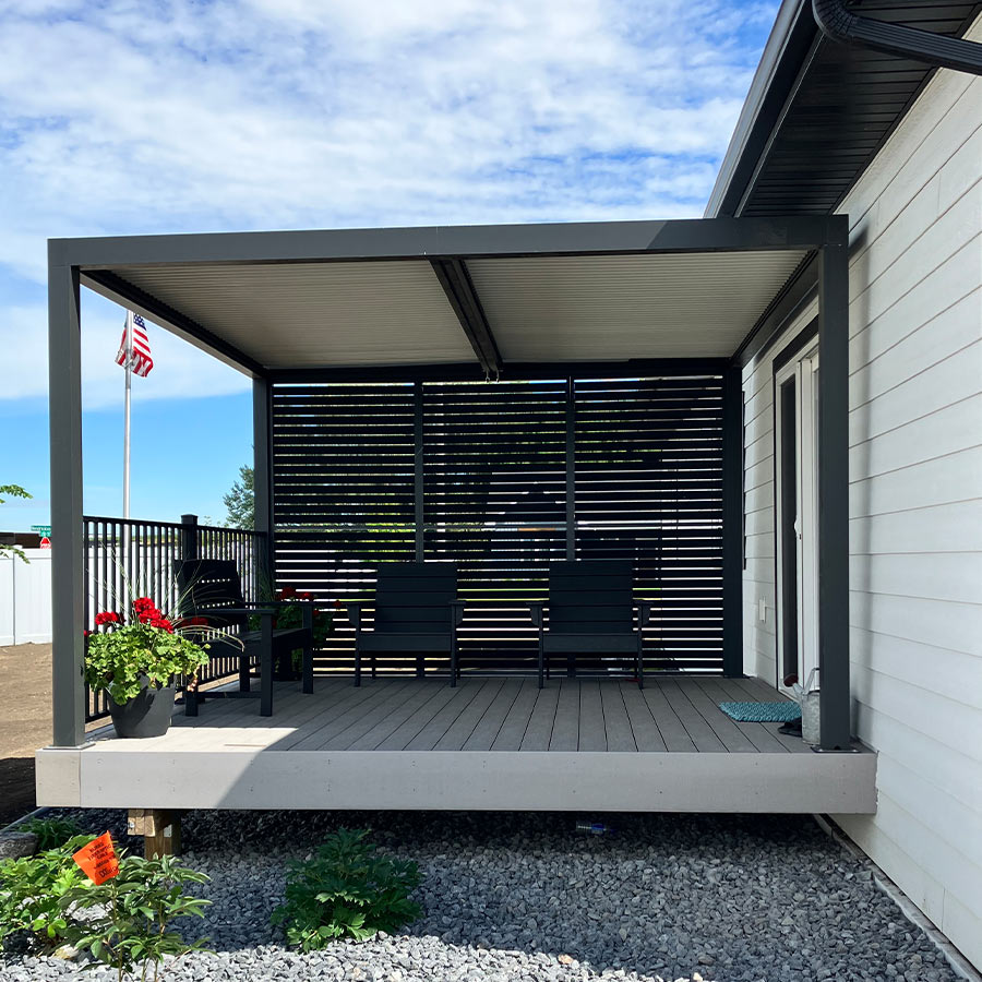 PURPLE LEAF Athena – Pergola extérieure grise en aluminium à lames orientables avec paroi à volets, réglable et étanche à la pluie