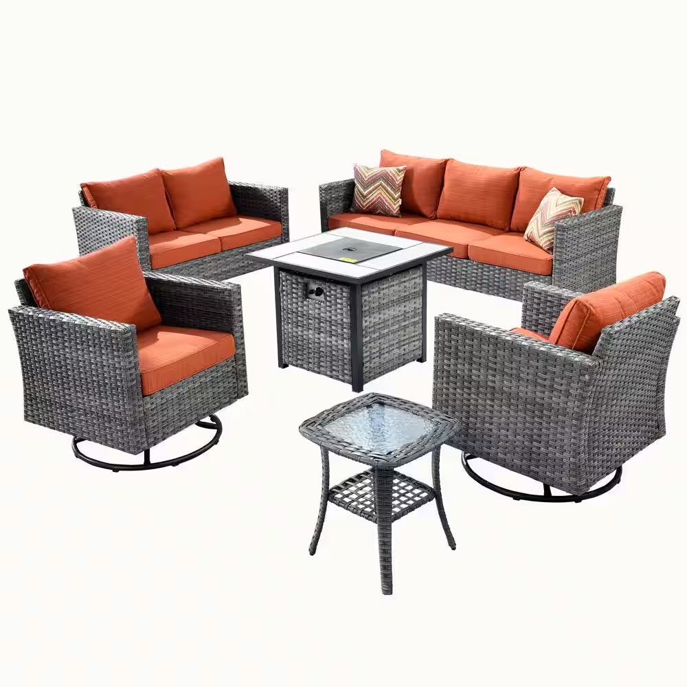 Michigan – Ensemble salon de terrasse extérieur en résine tressée 6 pièces avec brasero, coussins Orange Red et fauteuils à bascule pivotants