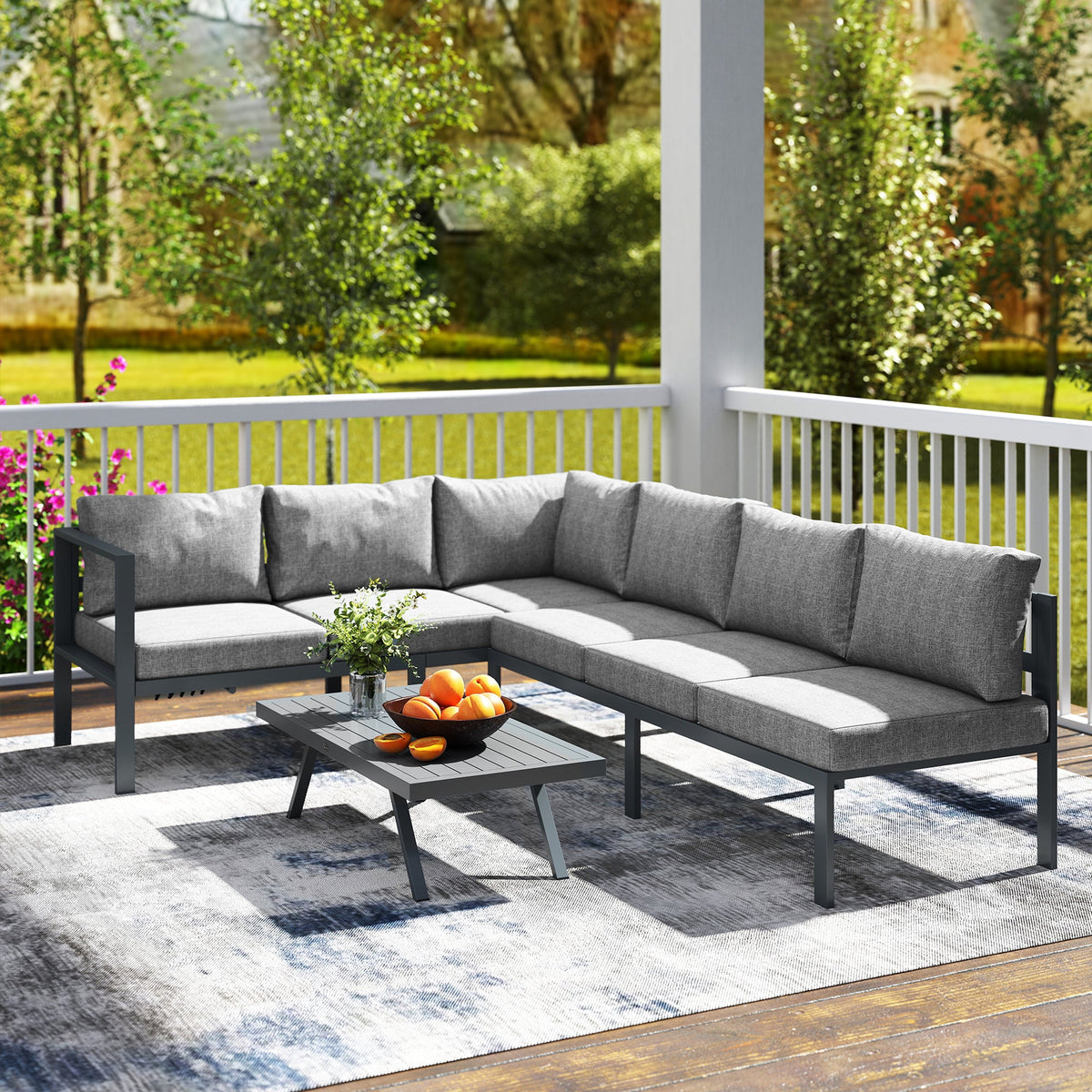 Ensemble salon d’angle en aluminium 3 pièces avec dossier réglable, gris foncé