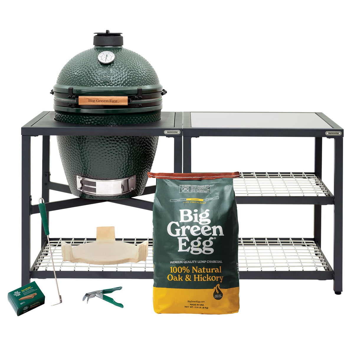 Large Big Green Egg + ensemble Modular Nest + extension – (1) Solid Stainless (2) Stainless Grid