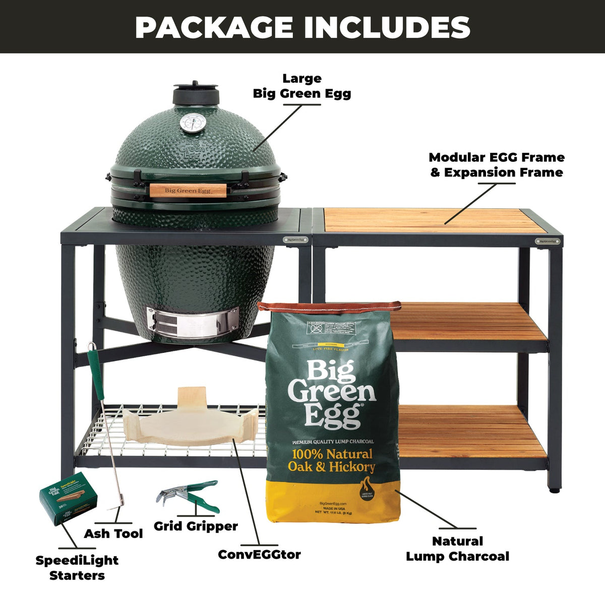 Large Big Green Egg + ensemble Modular Nest + extension – (3) inserts Acacia