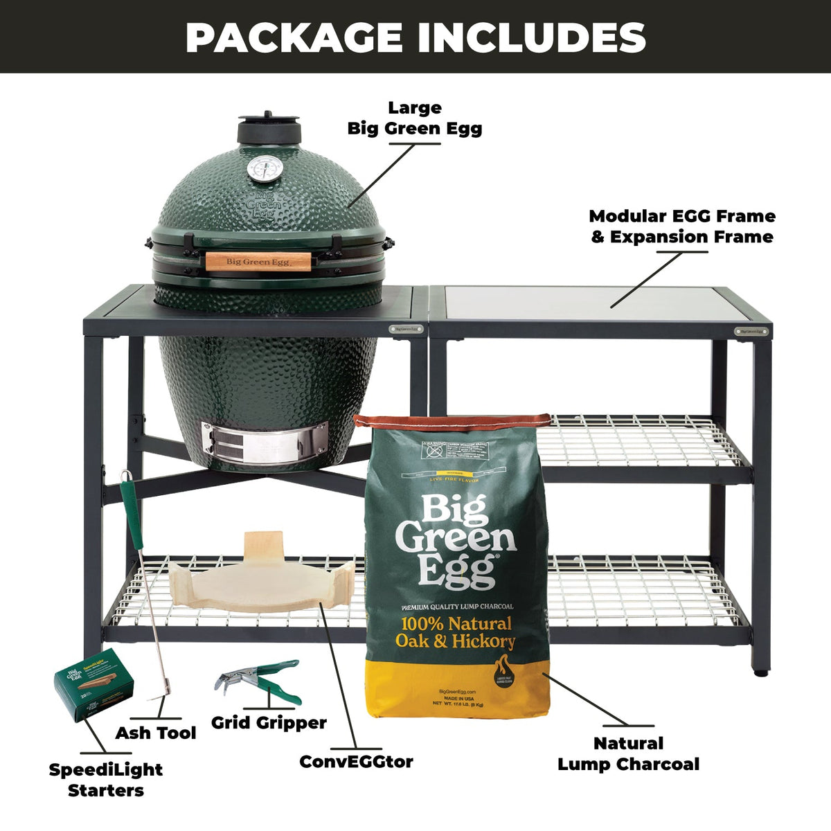 Large Big Green Egg + ensemble Modular Nest + extension – (1) Solid Stainless (2) Stainless Grid