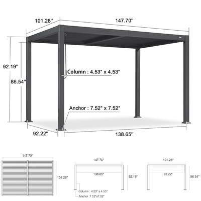 PURPLE LEAF Caesar – Pergola extérieure à lames orientables avec toit rigide réglable, gris