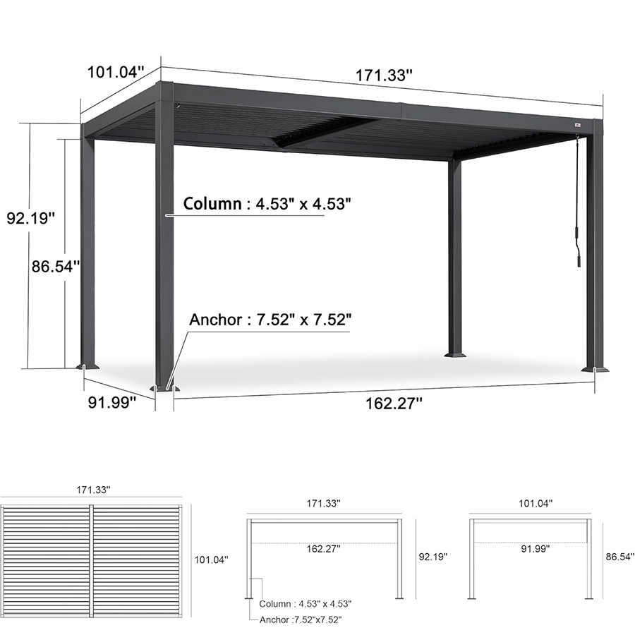 PURPLE LEAF Caesar – Pergola extérieure à lames orientables avec toit rigide réglable, gris