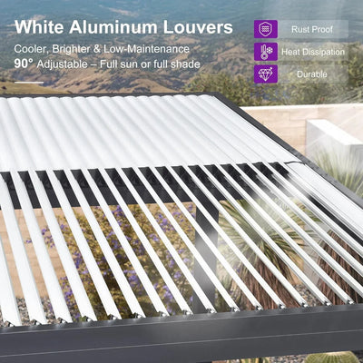 PURPLE LEAF Athena – Pergola extérieure grise en aluminium à lames orientables avec paroi à volets, réglable et étanche à la pluie