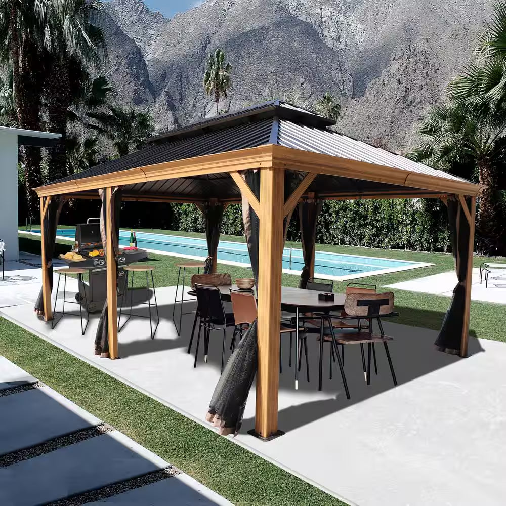 Pavillon à toit rigide 12 Ft. X 18 Ft., aluminium aspect bois, toit en acier galvanisé et moustiquaire