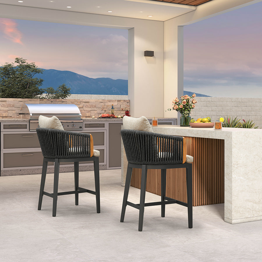 PURPLE LEAF Hailar – Tabouret de bar extérieur moderne en rotin avec dossier et coussin pour balcon, intérieur, extérieur ou îlot de cuisine