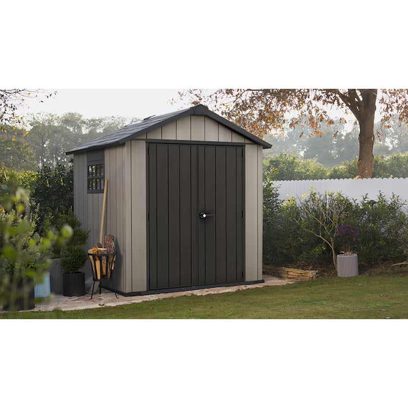 Abri de rangement extérieur moderne 7-Ft X 7-Ft en résine plastique grise avec toit à pignon