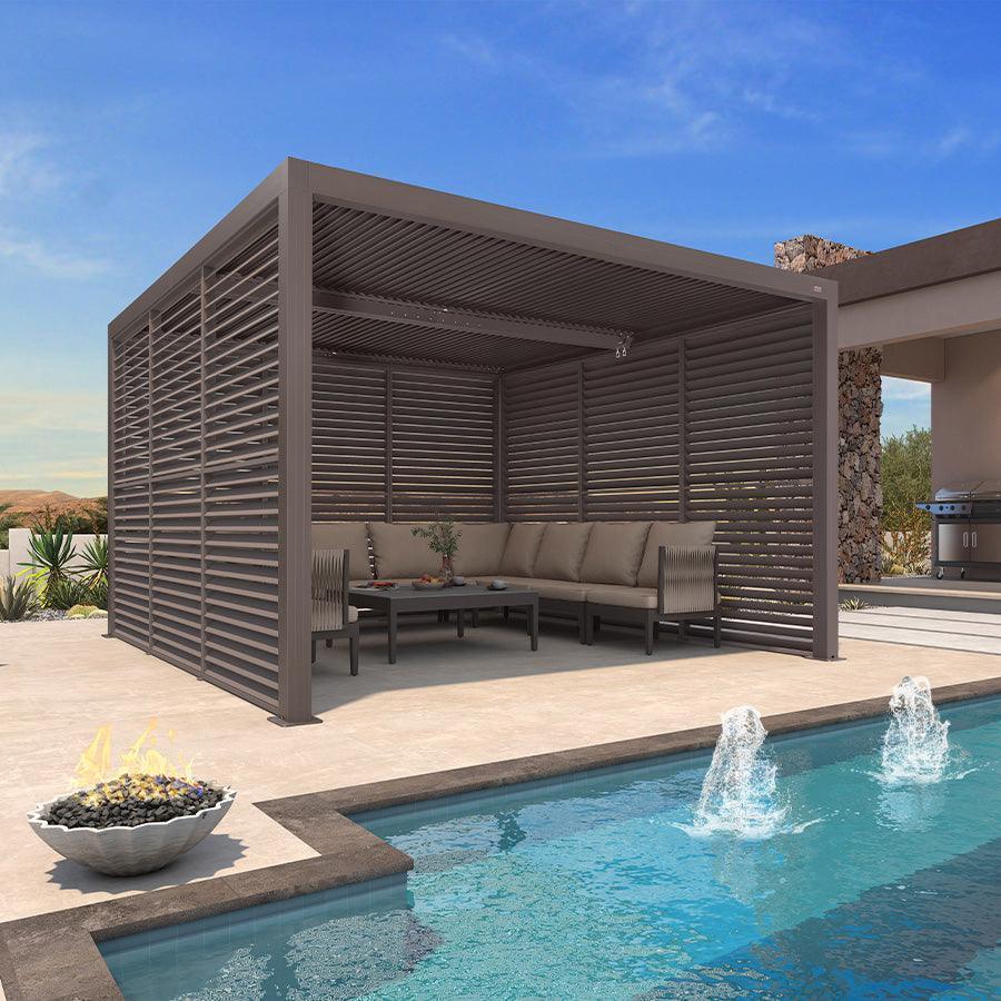 PURPLE LEAF Athena – Pergola extérieure bronze en aluminium à lames orientables avec paroi à volets, réglable et étanche à la pluie