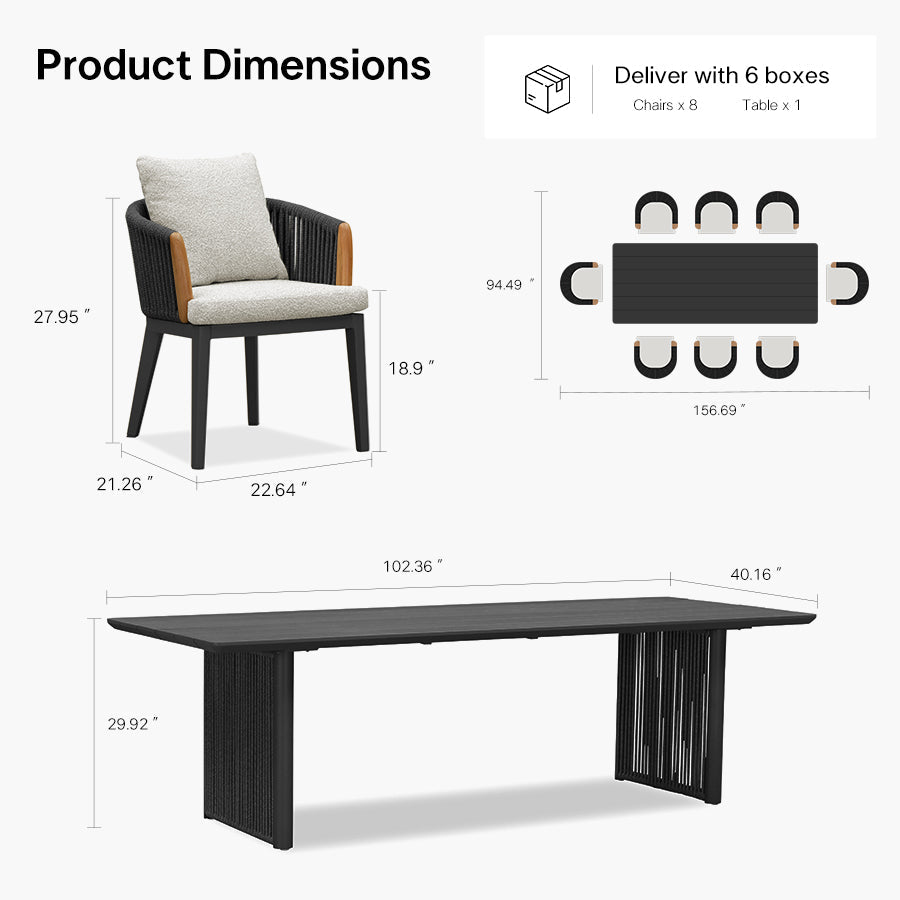 PURPLE LEAF Hailar – Ensemble repas extérieur familial avec table et chaises de terrasse en aluminium et coussins en oléfine