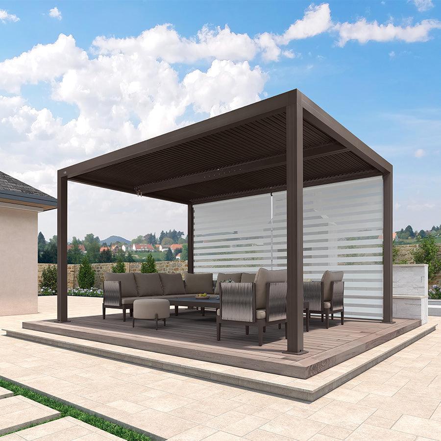 PURPLE LEAF Athena – Pergola extérieure bronze en aluminium à lames orientables avec store enrouleur et toit réglable
