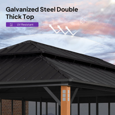 PURPLE LEAF – Pavillon-solarium à toit rigide avec colonnes effet bois, structure noire, double toit en acier galvanisé et guirlande lumineuse