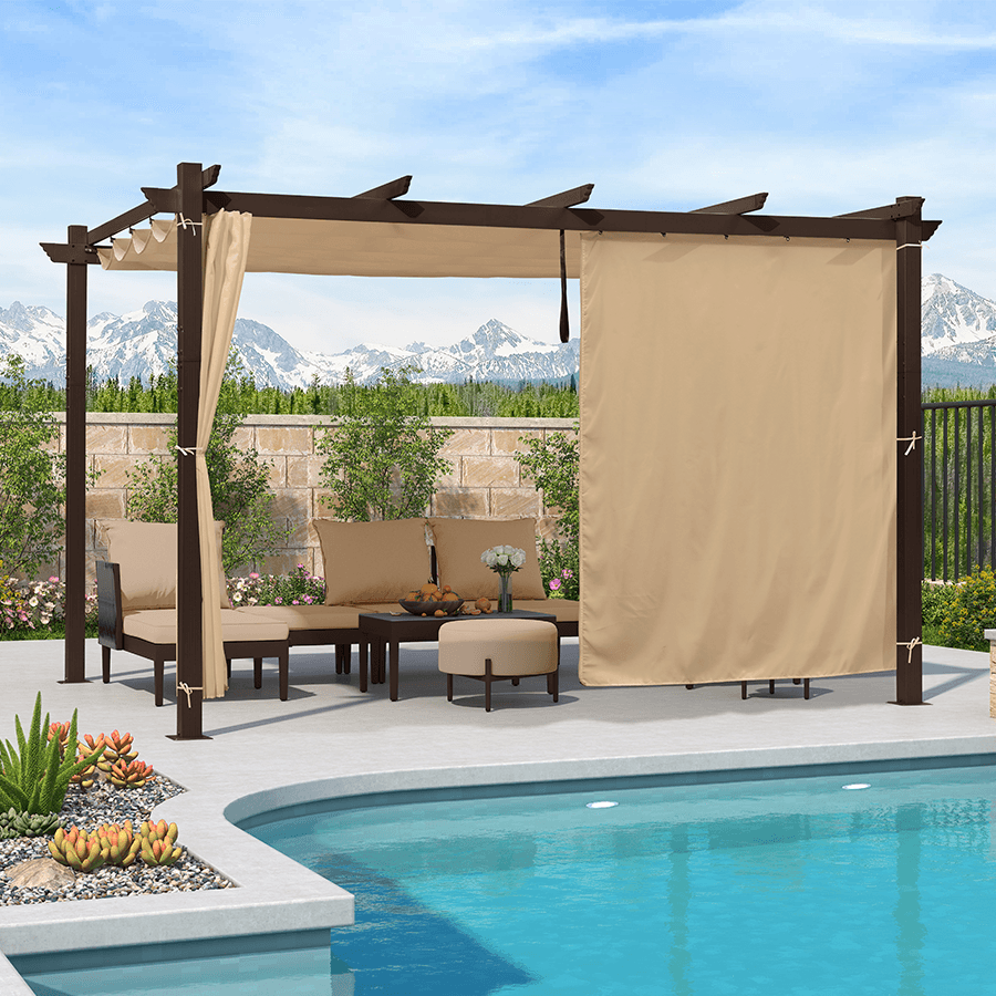 PURPLE LEAF – Pergola extérieure rétractable bronze en métal avec auvent, couverture d’ombrage et rideaux