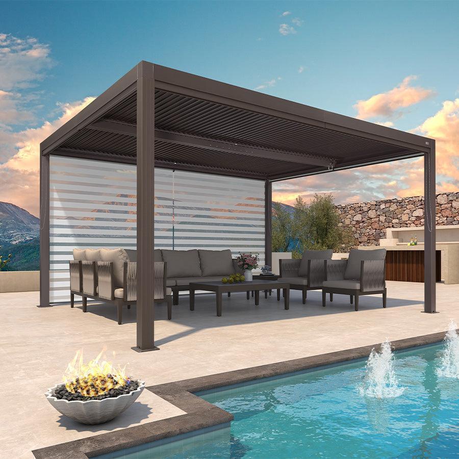 PURPLE LEAF Athena – Pergola extérieure bronze en aluminium à lames orientables avec store enrouleur et toit réglable