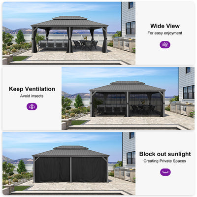 PURPLE LEAF – Pavillon de terrasse pour piscine, toit rigide gris clair en acier galvanisé avec rideaux améliorés