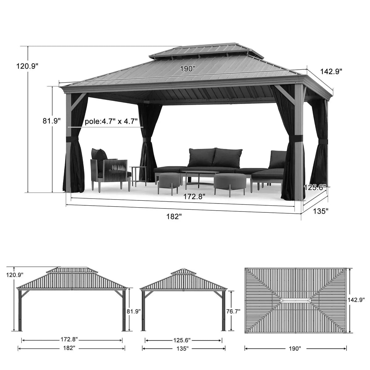 PURPLE LEAF – Pavillon de terrasse pour piscine, toit rigide gris clair en acier galvanisé avec rideaux améliorés