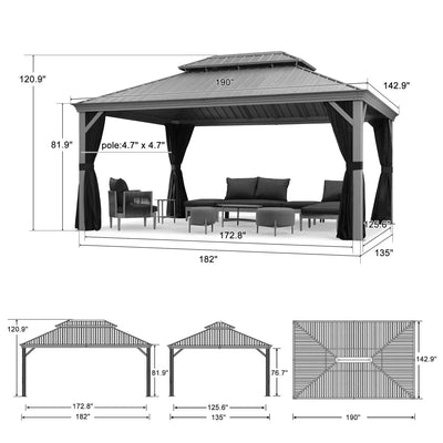 PURPLE LEAF – Pavillon de terrasse pour piscine, toit rigide gris clair en acier galvanisé avec rideaux améliorés
