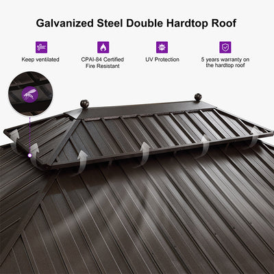 PURPLE LEAF – Pavillon extérieur à toit rigide pour terrasse, structure en aluminium bronze avec rideau bleu marine