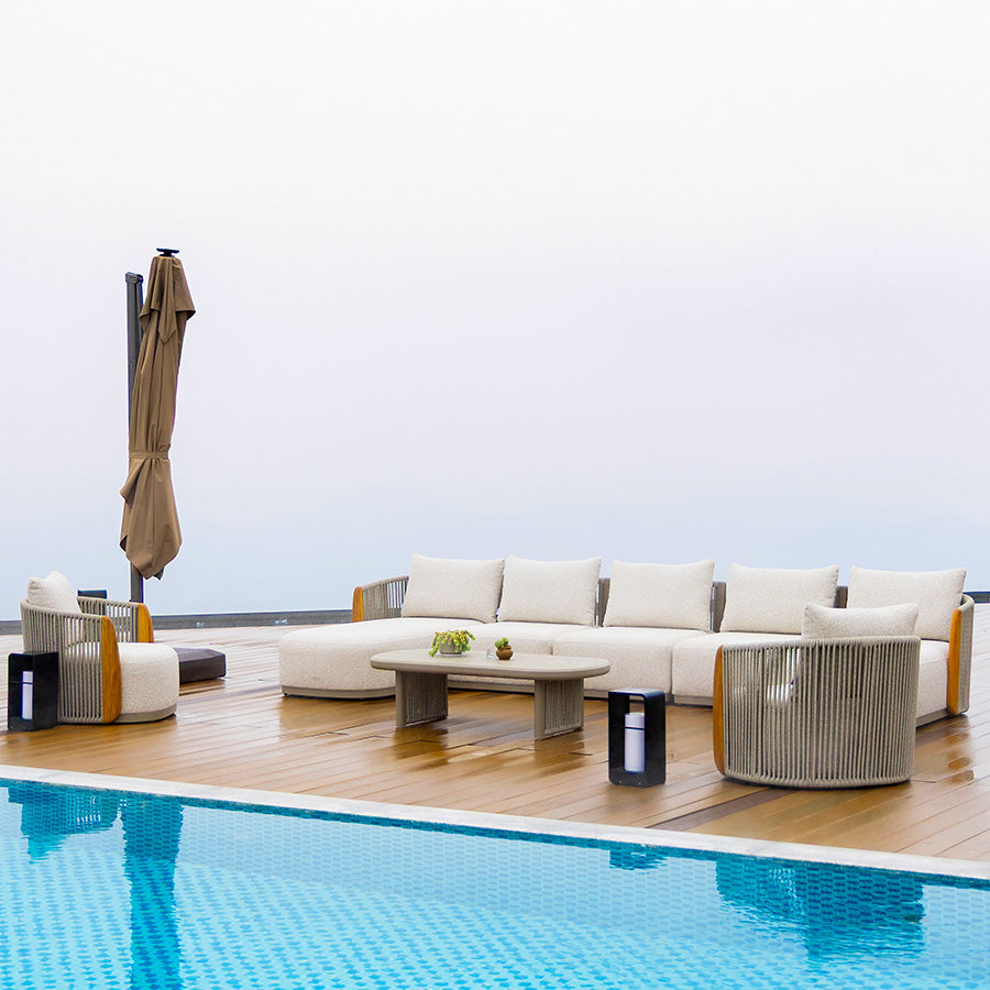 PURPLE LEAF Hailar – Ensemble salon de terrasse en U avec teck véritable, coussins et oreillers, dossier en corde oléfine pour porche et jardin