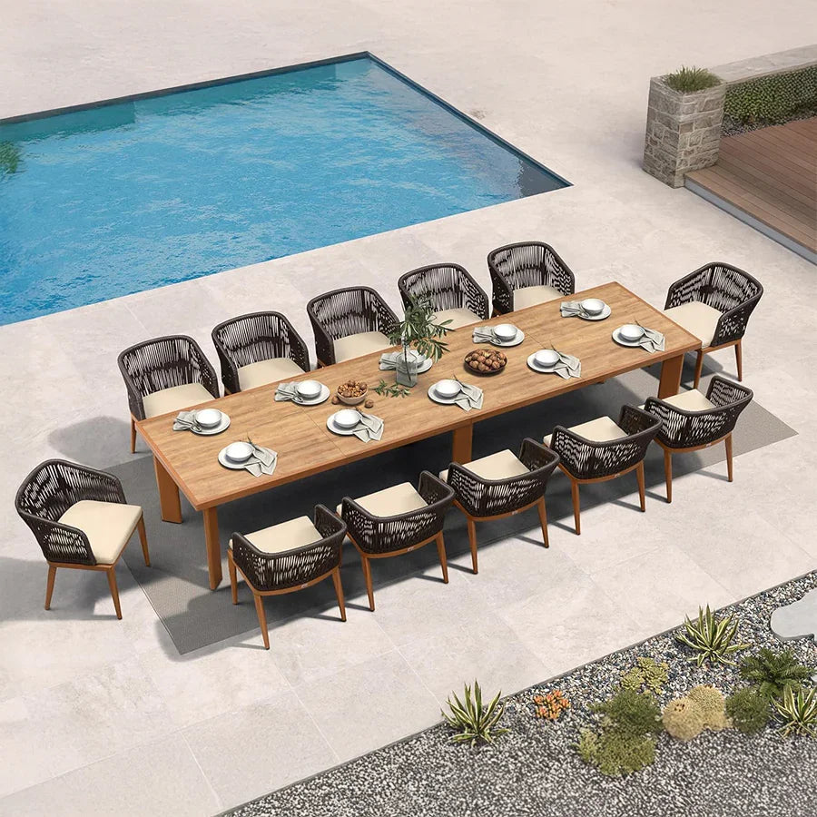 PURPLE LEAF – Ensemble repas de terrasse avec coussins en tissu Sunbrella, table en aluminium et résine tressée toutes saisons
