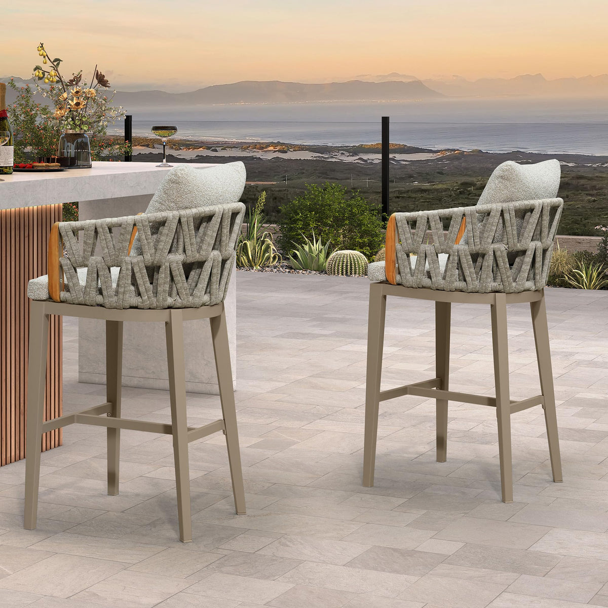PURPLE LEAF Hailar – Tabouret de bar extérieur moderne en rotin avec dossier et coussin pour balcon, intérieur, extérieur ou îlot de cuisine