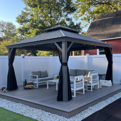 PURPLE LEAF – Pavillon de terrasse pour piscine, toit rigide gris clair en acier galvanisé avec rideaux améliorés