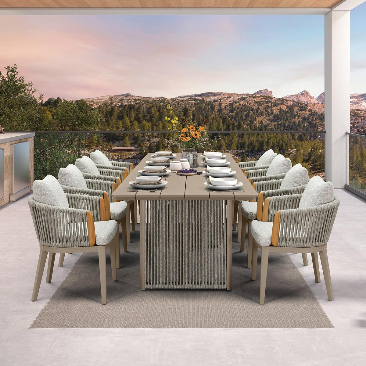PURPLE LEAF Hailar – Ensemble repas extérieur familial avec table et chaises de terrasse en aluminium et coussins en oléfine
