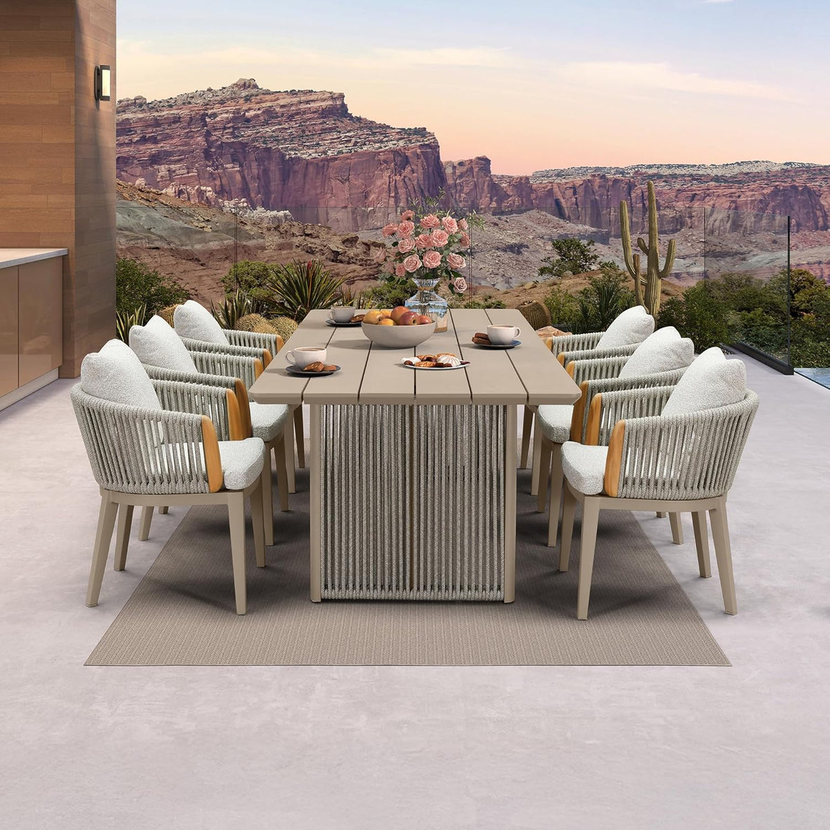 PURPLE LEAF Hailar – Ensemble repas extérieur familial avec table et chaises de terrasse en aluminium et coussins en oléfine