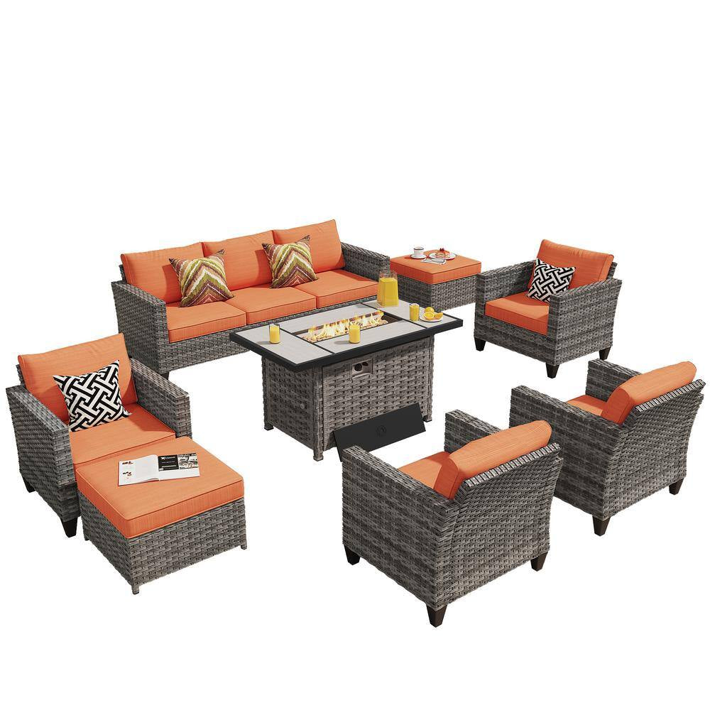 Milan Gray – Ensemble salon de terrasse extérieur en résine tressée 8 pièces avec brasero rectangulaire et coussins Orange Red