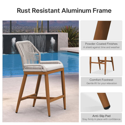 PURPLE LEAF – Lot de 4 tabourets de bar extérieurs en aluminium avec dossier, rotin tressé moderne style bohème pour jardin et piscine