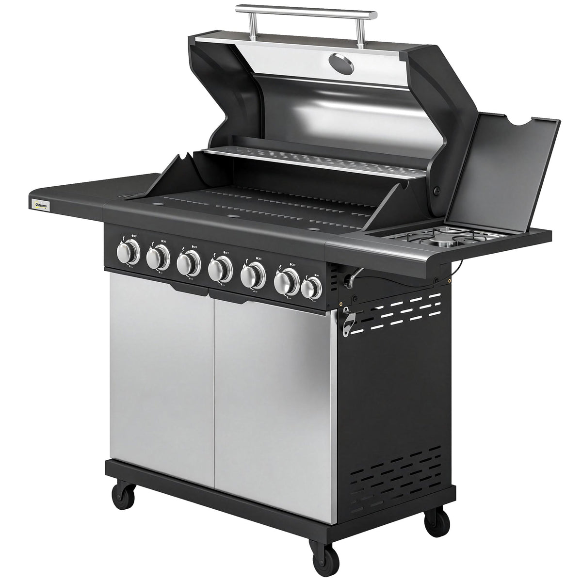 Barbecue à gaz 6+1 brûleurs avec meuble et fenêtre de contrôle, Silver Tone