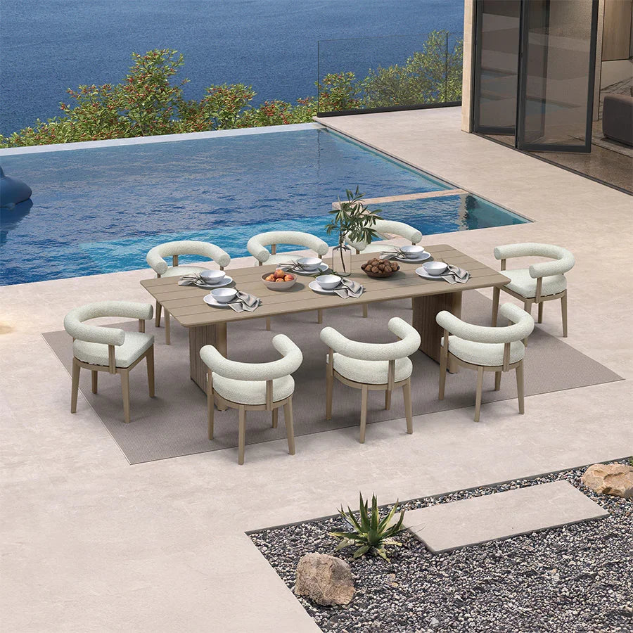 PURPLE LEAF Provence – Ensemble repas de terrasse haut de gamme moderne avec grande table rectangulaire et chaises en aluminium avec coussins en oléfine