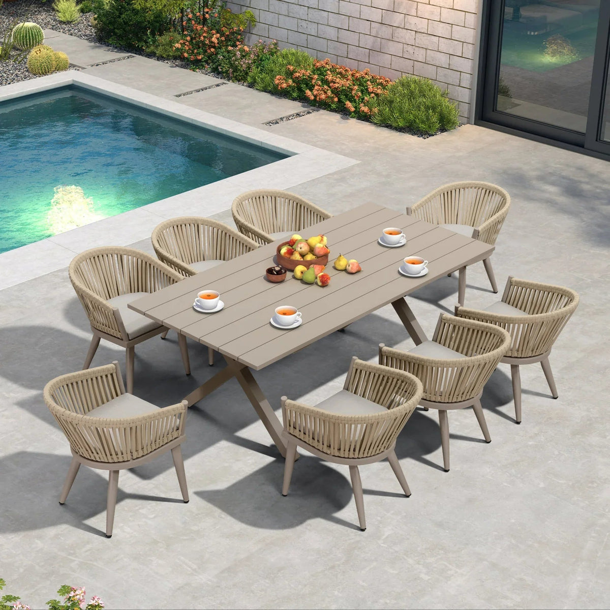 PURPLE LEAF – Ensemble repas extérieur 7/9/11 pièces avec table en aluminium et chaises en rotin tressé, mobilier moderne de terrasse