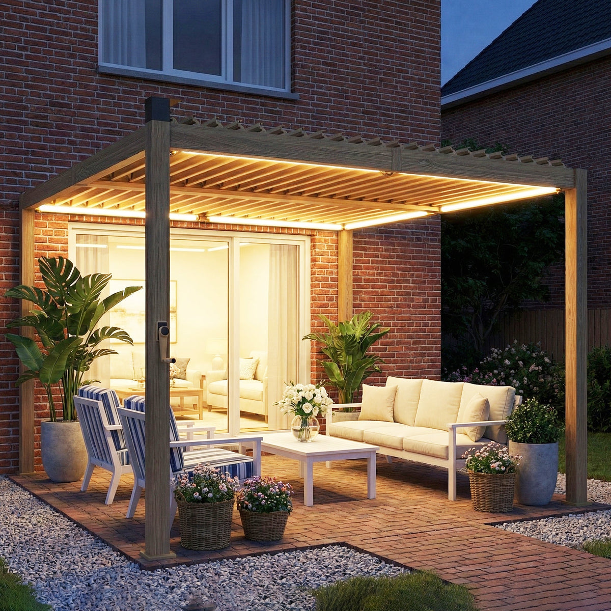Pergola à lames orientables 10' x 10' avec éclairage LED solaire et toit réglable, marron