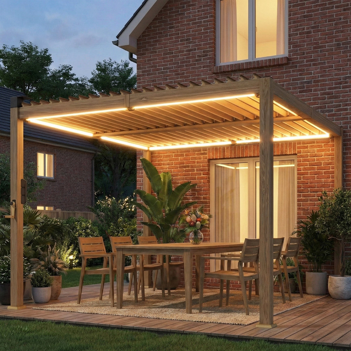 Pergola à lames orientables 10' x 10' avec éclairage LED solaire et toit réglable, marron