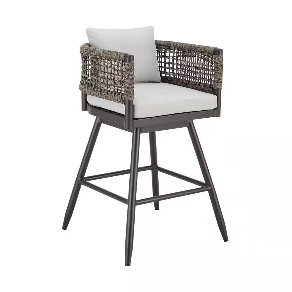 Tabouret de bar extérieur pivotant en aluminium, hauteur bar, avec coussin gris clair
