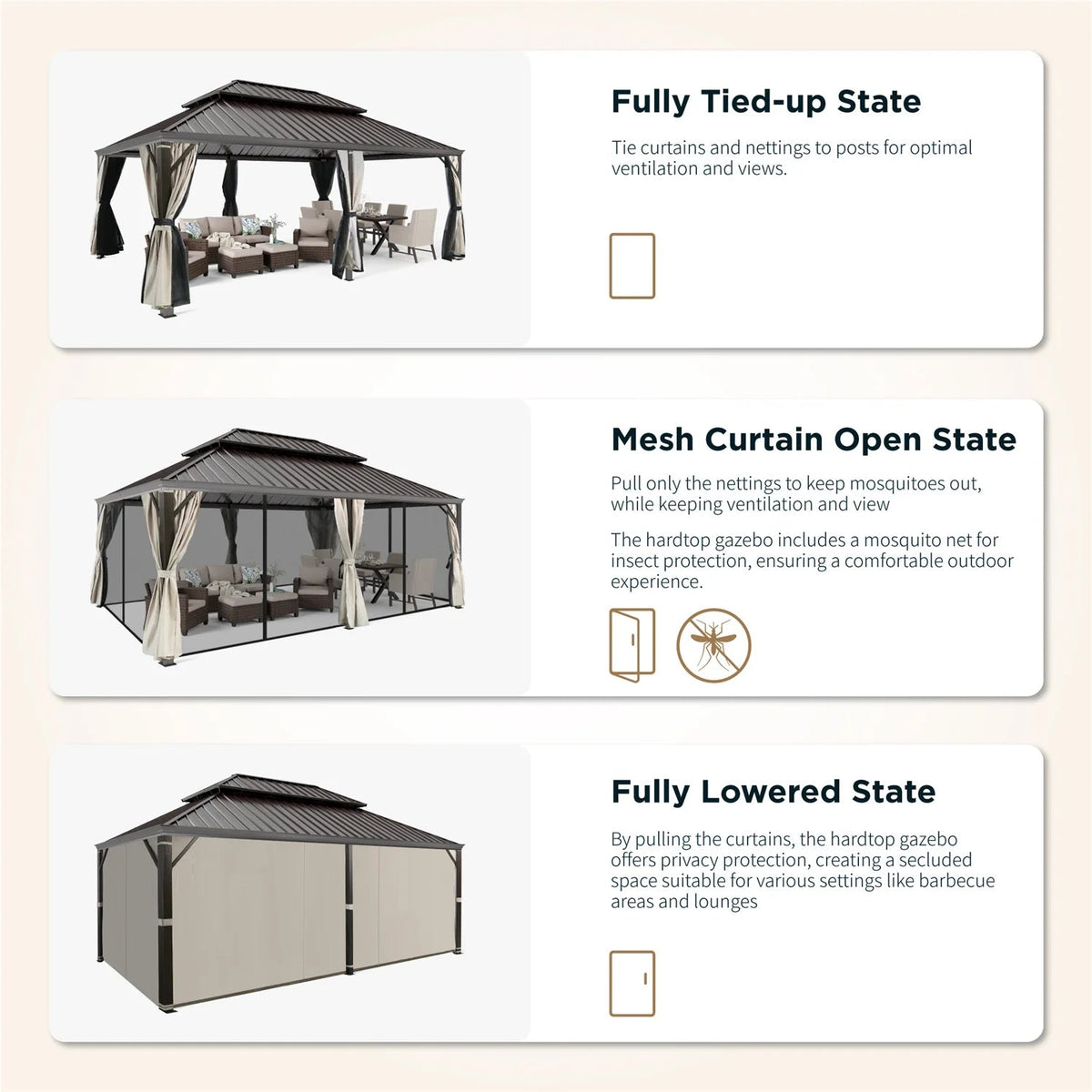 Erommy 14' X 20' – Pavillon de terrasse à toit rigide avec structure en aluminium, double toit en acier galvanisé, moustiquaires et rideaux, marron