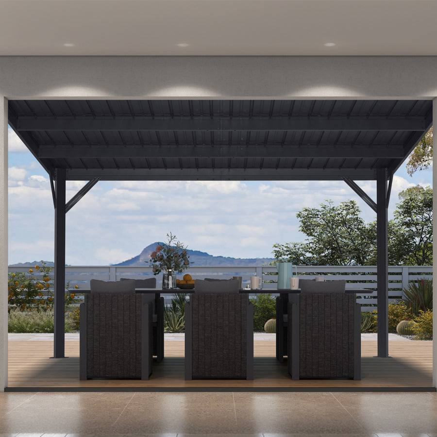 PURPLE LEAF – Pavillon adossé mural à toit métallique avec évacuations intégrées, couverture de terrasse pour extension extérieure