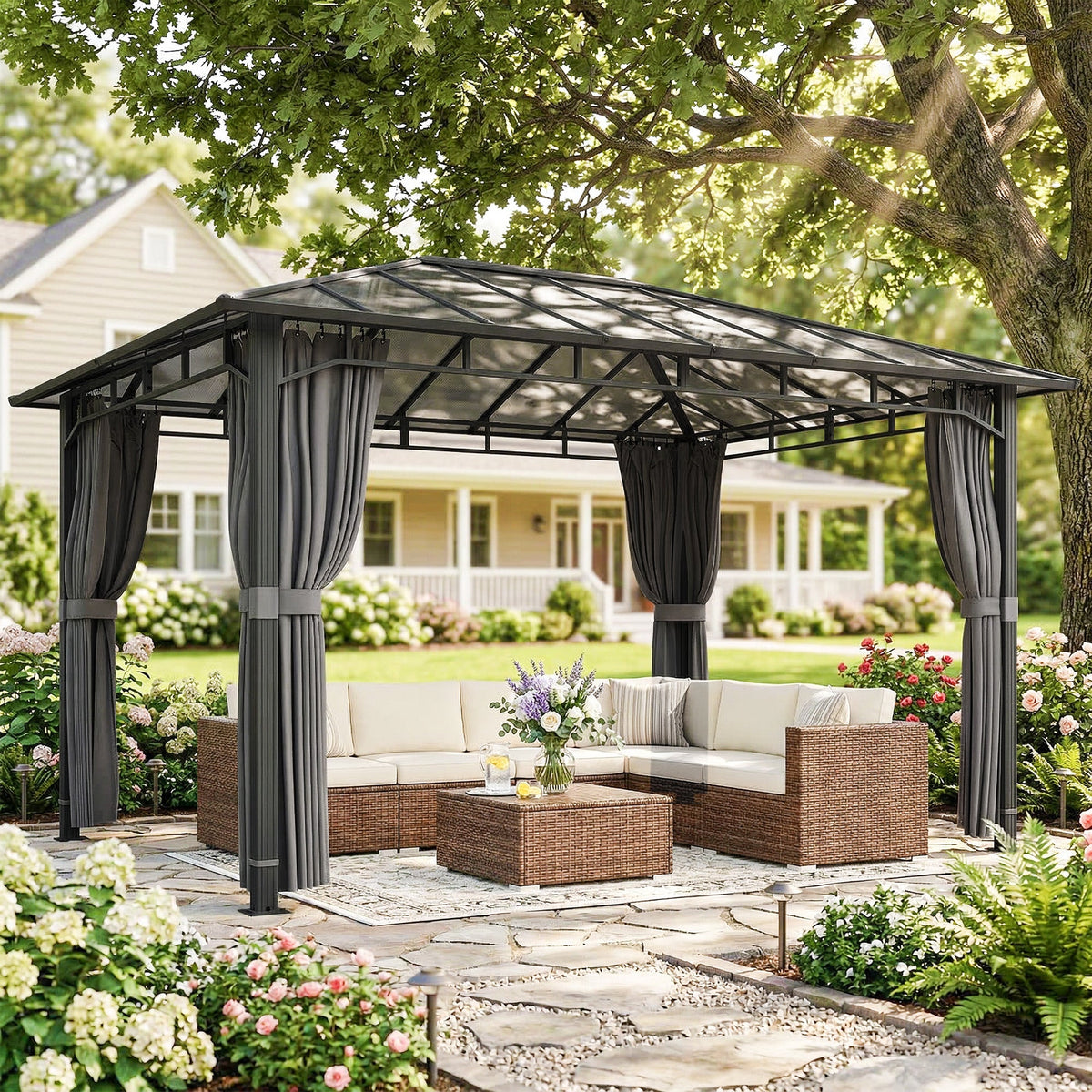 Pavillon à toit rigide 3 x 4 m avec toit en polycarbonate et rideaux, gris foncé